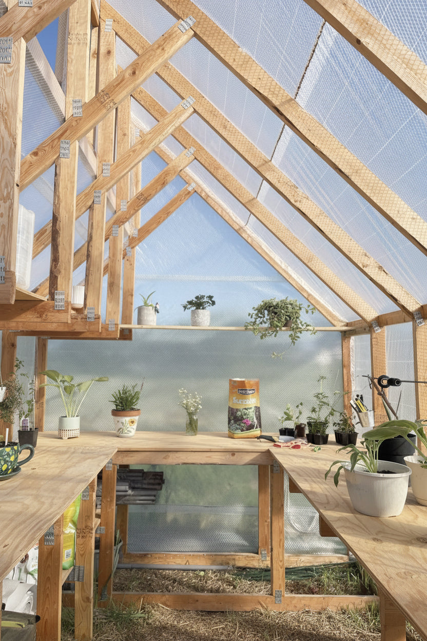 Greenhouse interior with wooden frames and plants